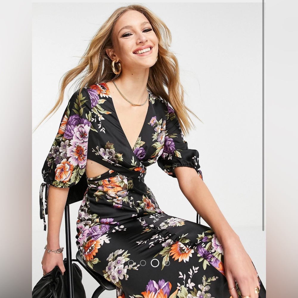 ASOS black satin floral midi dress